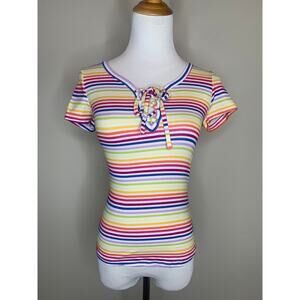 Kidcore Y2K Rainbow Striped Lace Up Front Shirt Sz XS
